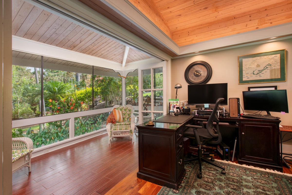 A dedicated home office with garden views in a Holualoa estate