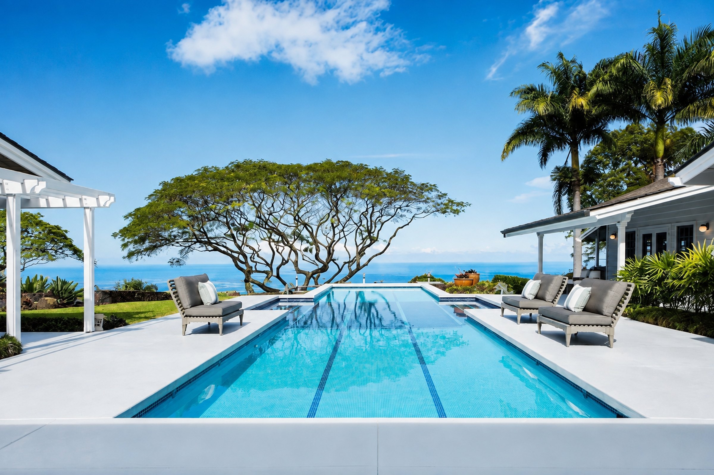 Lap pool and ocean view from a Kona estate, monkeypod tree and palms framing the Pacific