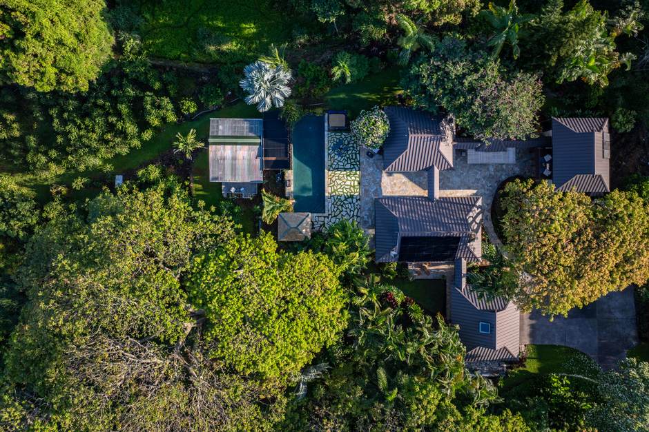 Aerial view of the 1.25-acre Hale Lauleʻa estate, orchard, and greenhouse in Holualoa