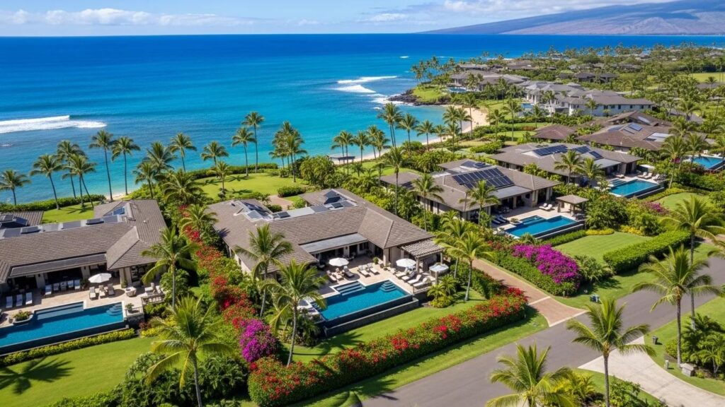 Aerial view of luxury homes in Kona, Hawaii, highlighting oceanfront properties and tropical landscapes