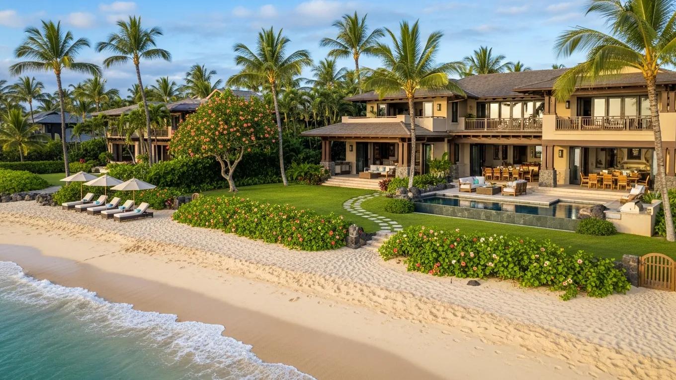 Beachfront estate in Kona, Hawaii, showcasing direct beach access and luxury amenities