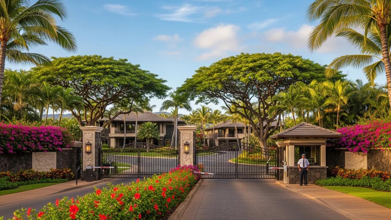 Entrance to a gated community on Big Island with lush landscaping and security features