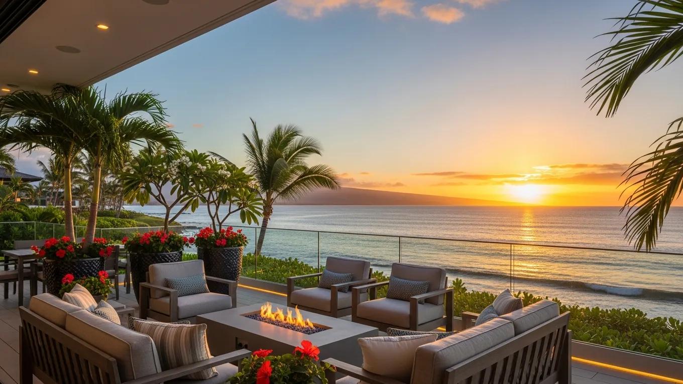 Outdoor living space of a luxury oceanfront property in Kona with stunning ocean views