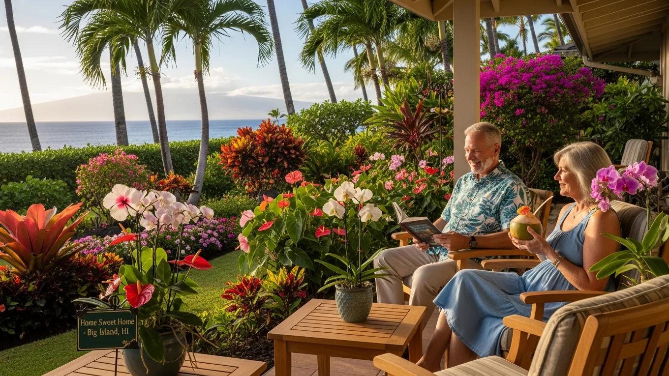Senior couple in a tropical garden, representing property tax exemptions for seniors on the Big Island